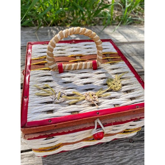 Vintage raffia straw Small Sewing Box Retro Red - Picture 4 of 15